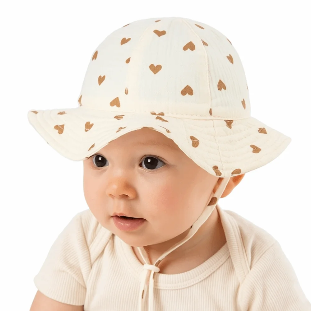 Cute Cotton Infant Bucket Hat Love Heart Wide Brim Sunhat with Strap Flower Children's Fisherman Hat