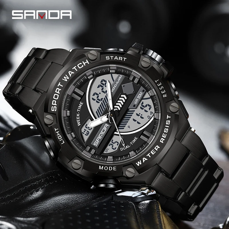 

SANDA G style LED Digital Men Watch Stainless Steel Strap Alarm Mode Waterproof Resistant Outdoor Sports Chronograph Wristwatch