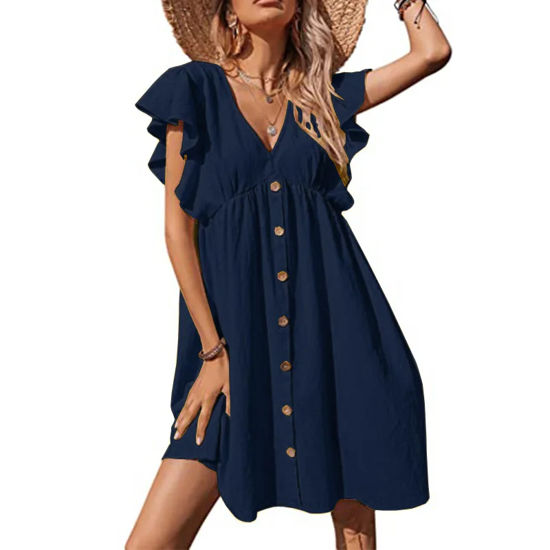 Short Sleeve Black Ruffle Dresses Women 2025 V-Neck Loose High Waist Sexy Dress for Summer Fashion Female Bohemian Sundress