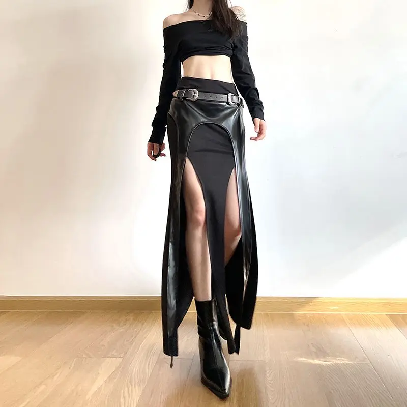 Long Skirts Irregular Split Bottom Goth Dark Pu Patchwork Grunge Punk Party Cyber Gothic Y2k Faux Midi Skirt Women Sexy