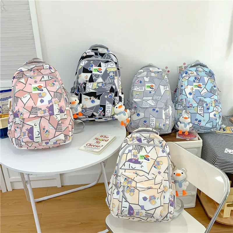 Cartoon Print Student Backpack 2023 New Trendy Contrast Color Stitching Teenager School Bag Large Capacity Casual Backpack
