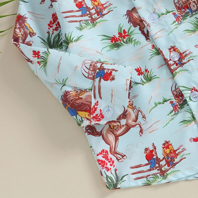 Western Baby Boy Long Sleeve Button Down Shirt Cow Cartoon Print Lapel Neck Country Cowboy Dress Shirt Top Fall Clothes