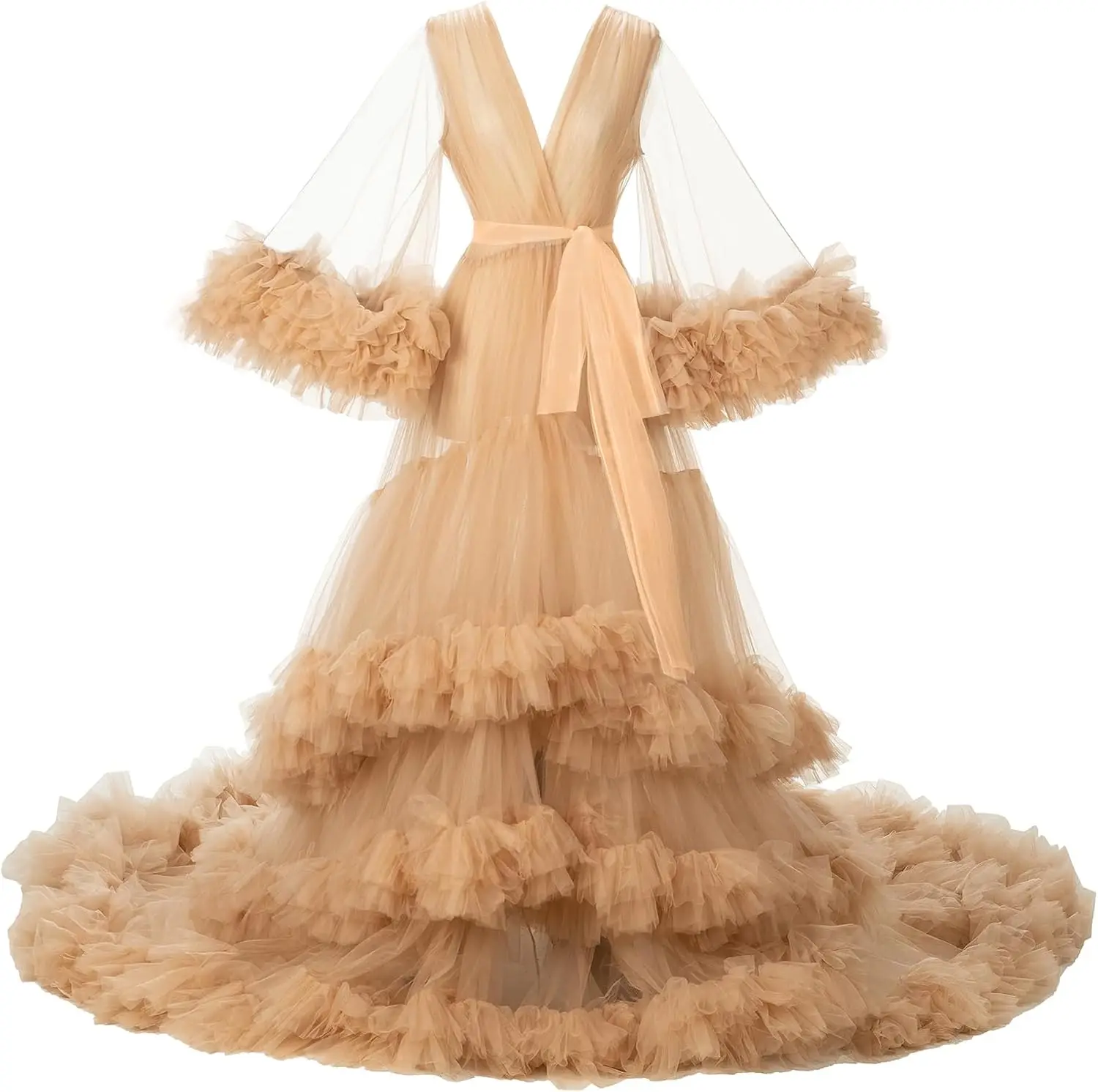 روب زفاف طويل منفوش من التول - ثوب لين للتصوير أثن...