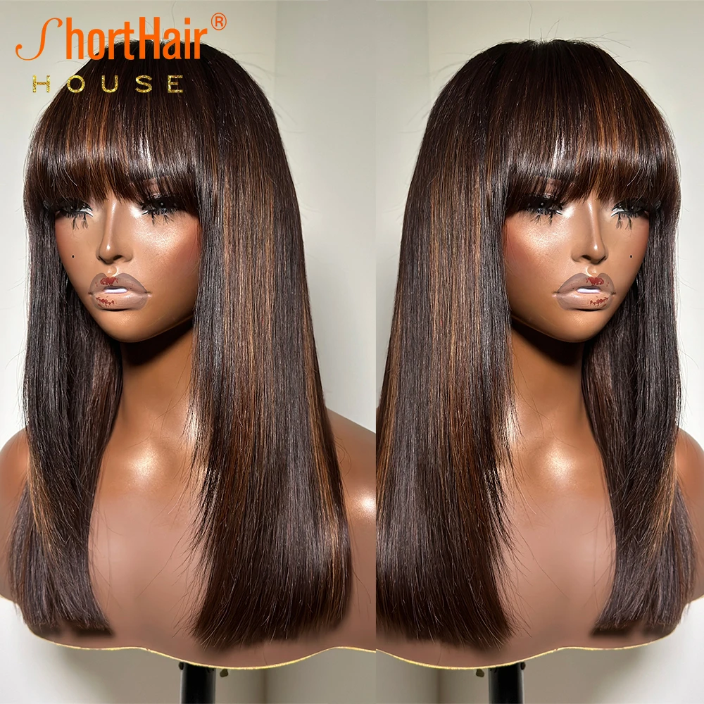 Caramel Brown Human Hair Wigs With Bangs Brazilian Pixie Cut Human Hair Wig Brown 13x4 Lace Front Straight Bob Wigs