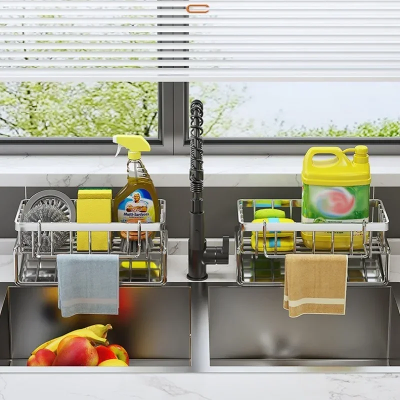Carbon Steel Sink Sponge Drain Rack Multi-functional Countertop Faucet Storage Soap Rack Dish Towel Storage Filter Basket 3