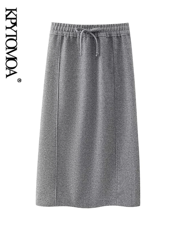 

KPYTOMOA-Women's Straight Textured Midi Skirt, High Elastic Waist with Drawstrings, Back Slit Female Skirts, Fashion
