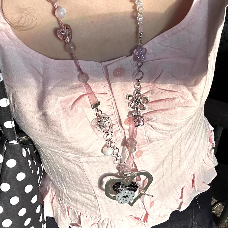 Y2K Jewelry Pink Heart Polka Dot Flower Pendant Necklace for Women Vintage Kawaii Accessories Chain Punk Korean Fashion Necklace 1