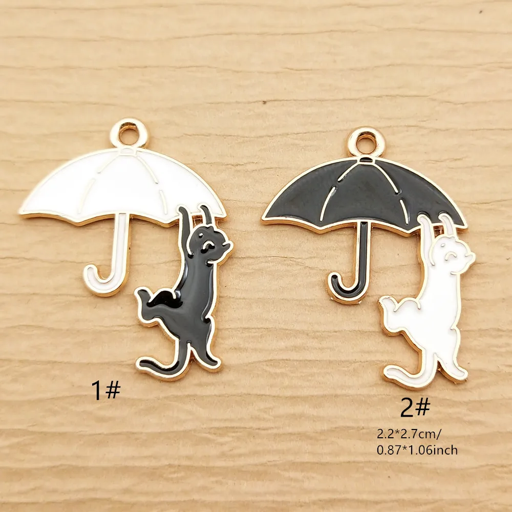 10개 우산 고양이 참 장식품, 쥬얼리 제작용 목걸이 팔찌 열쇠고리 펜던트 DIY 액세서리 공예 합금 금도금