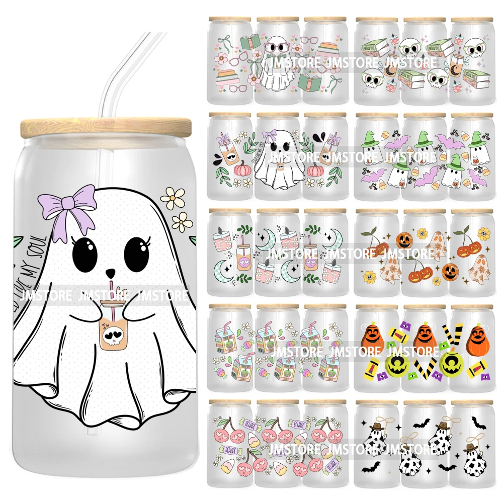 Reading Book Ghost Funny Halloween 16OZ UV DTF Cup Wrap Transfer Stickers Labels Durable Waterproof For Libbey Glass Can
