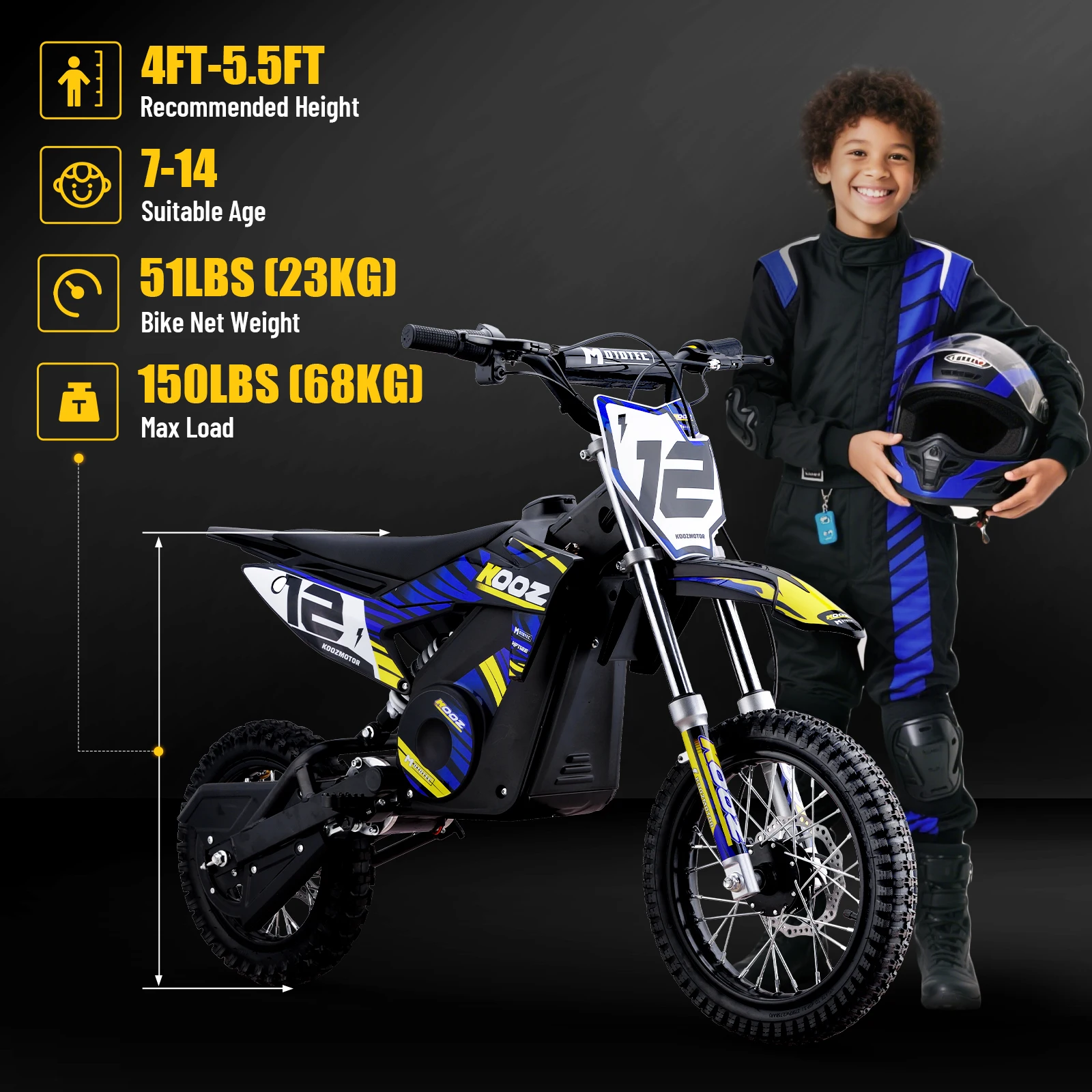 KOOZ HP112E PRO 36V 1000W Electric Motorcycle for Kids, Electric Dirt Bike Up to 20.6 MPH & 19 Miles Long-Range.