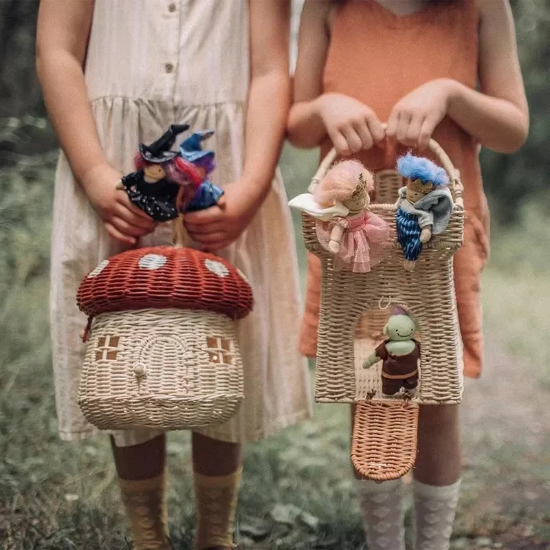 Rattan Woven Tote Bag Castle Mushroom Basket Portable Straw Storage Boxes Bohemian Vacation Picnic Baskets Kids Toys Organizer 2