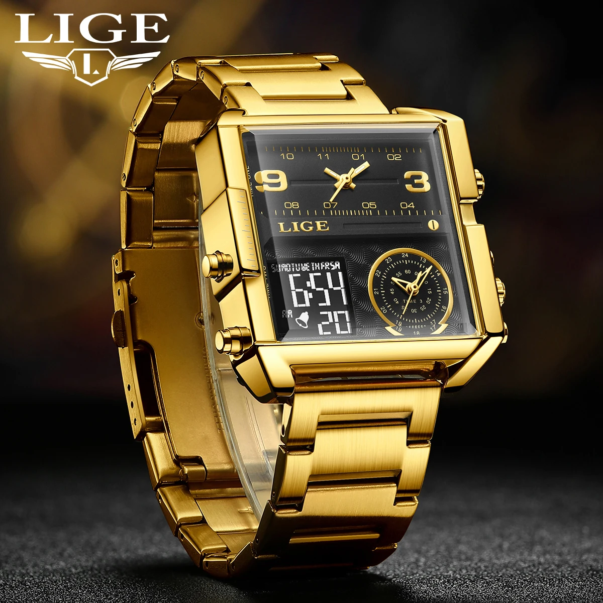Luxury Gold Steel Sports Square Digital Analog Men's Quartz Watch