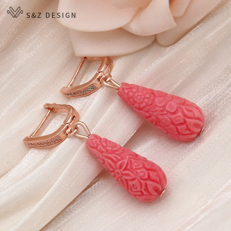 S&Z DESIGN New Fashion Water Drop Carve Flower Synthetic Shell Dangle Earrings For Women Wedding Cubic Zirconia Jewelry Gift
