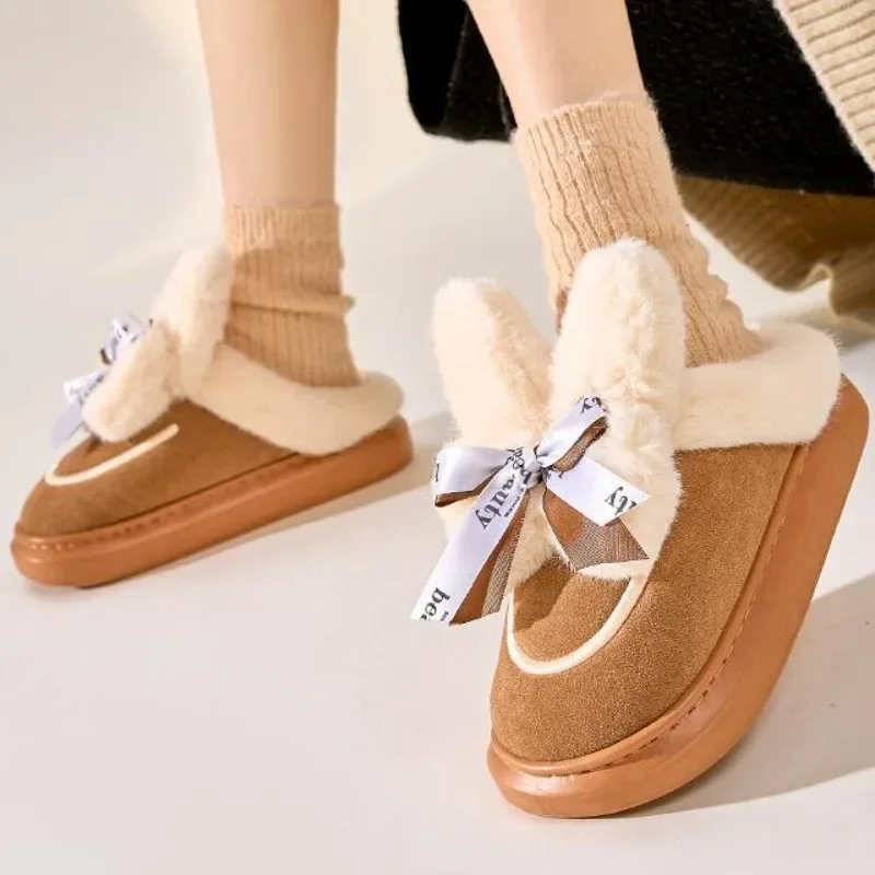 Winter Indoor Women Slippers Warm Faux Fur Girl Home Cotton Shoes Cute Bow Knot Rabbit Plush Bedroom Thick Heels Ladies Slides