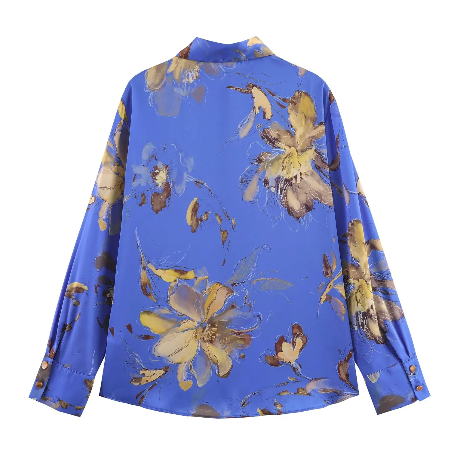 Women Spring Autumn Flower Printed Blue Shirt Satin Texture Shirt Top Female Loose Long Sleeve Shirt Fashion Casual Blouses Tops
