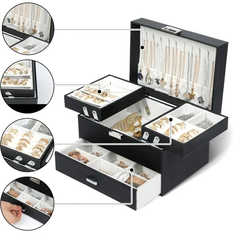 Jewelry Boxes for Women Girls, Jewelry Organizer Box, 3 Layers Storage Organizer for Earring