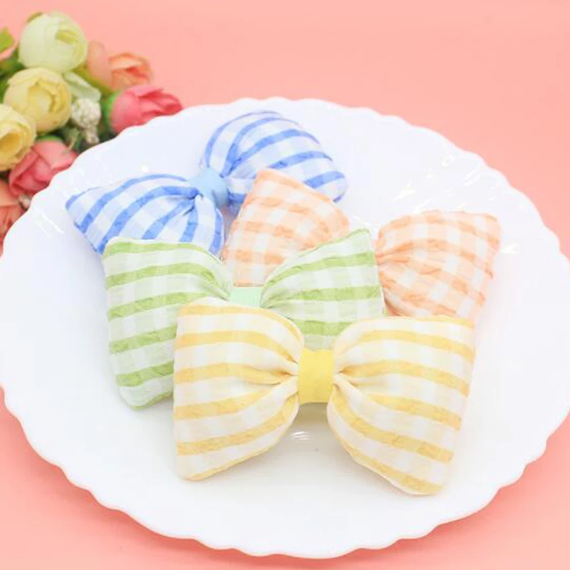 

10pcs/lot New Summer Cartoon Fabric Bow Patches DIY Cotton-filled Colorful Plaid Bowknot Decoration Accessories