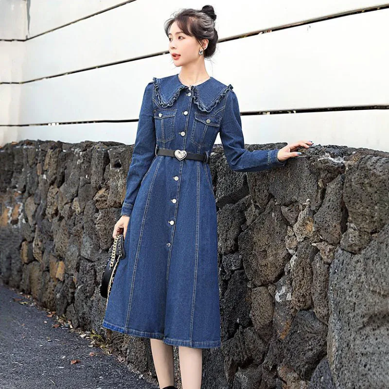 

2024 Spring Autumn New Women's Denim Dress Korean Fashion Waist Slim Single Breasted Long Jeans Dresses