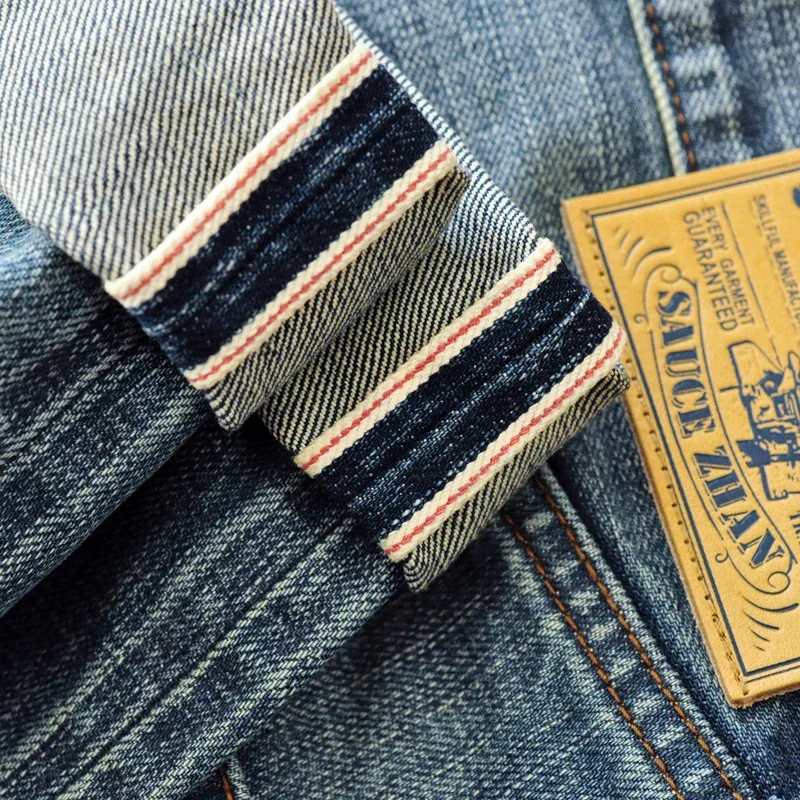 Saucezhan Mens Jeans Distressed  Moustache Effect Wash  Selvedge Denim Jeans  Motorcycle Regular Fit Straight Leg 14 Oz 4