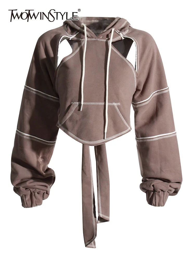 

TWOTWINSTYLE Solid Sweatshirts For Wowen Hooded Hollow Out Long Sleeve Spliced Drawstring Lace Up Backless Sweatshirt Female New