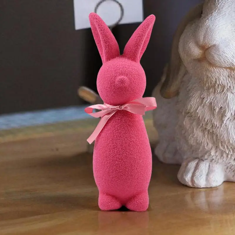 Flocked Easter Bunny Decor Small Decorative Standing Rabbit Statues With Bow Tie Gathering Supplies For Shelf Spring Tabletop