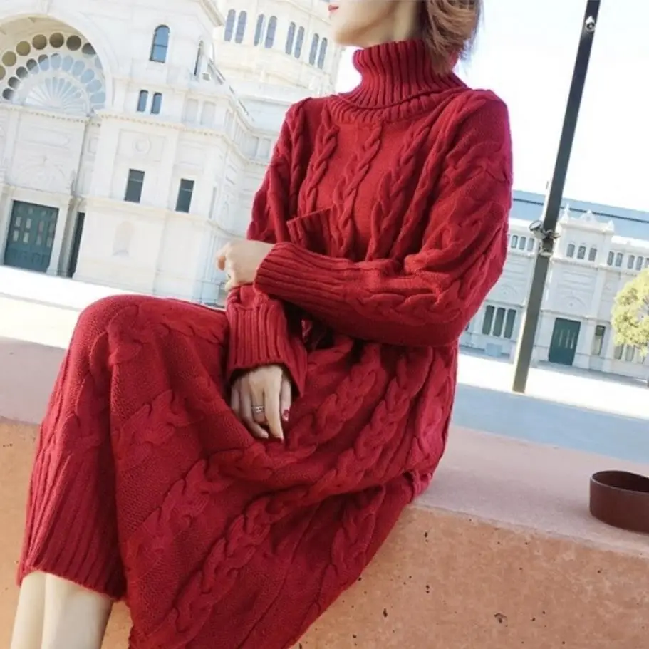 Women Sweater Dresses Winter Long Sweaters Knitted Warm Turtleneck Sweater  Twisted Thickening loose dress - AliExpress