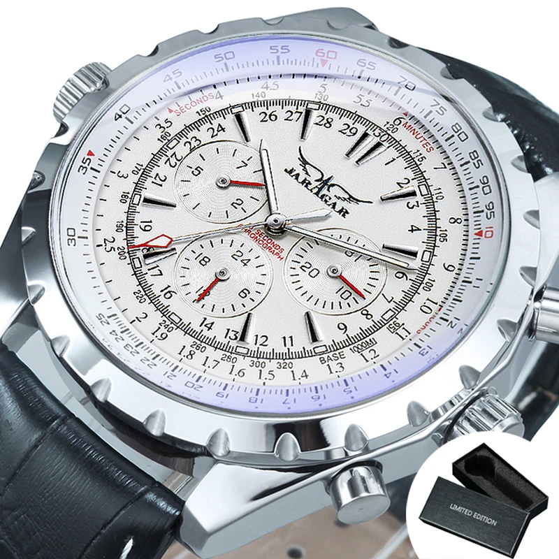 Jaragar Luxury Men's Automatic Military-Style Sports Watch with Leather Steel Band