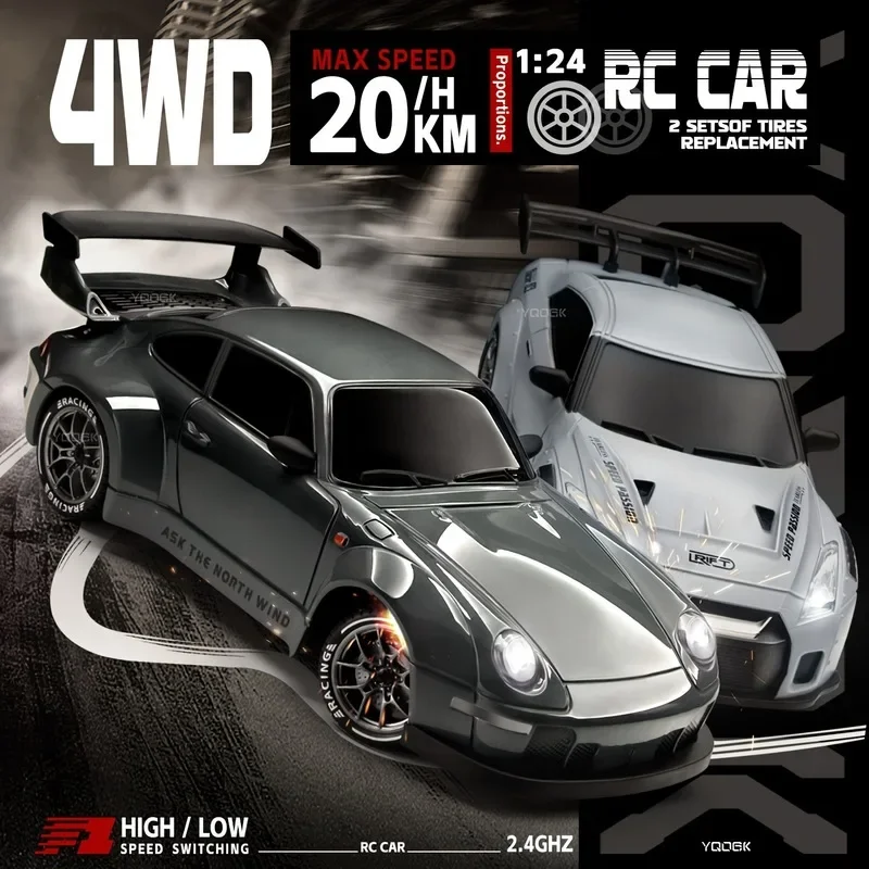 4WD 1:24 반비례식 RC 드리프트 카 - 20KM/H 고속, LED 라이트, 드리프트 타이어 및 도로 장벽 장난감, 어린이 및 성인용