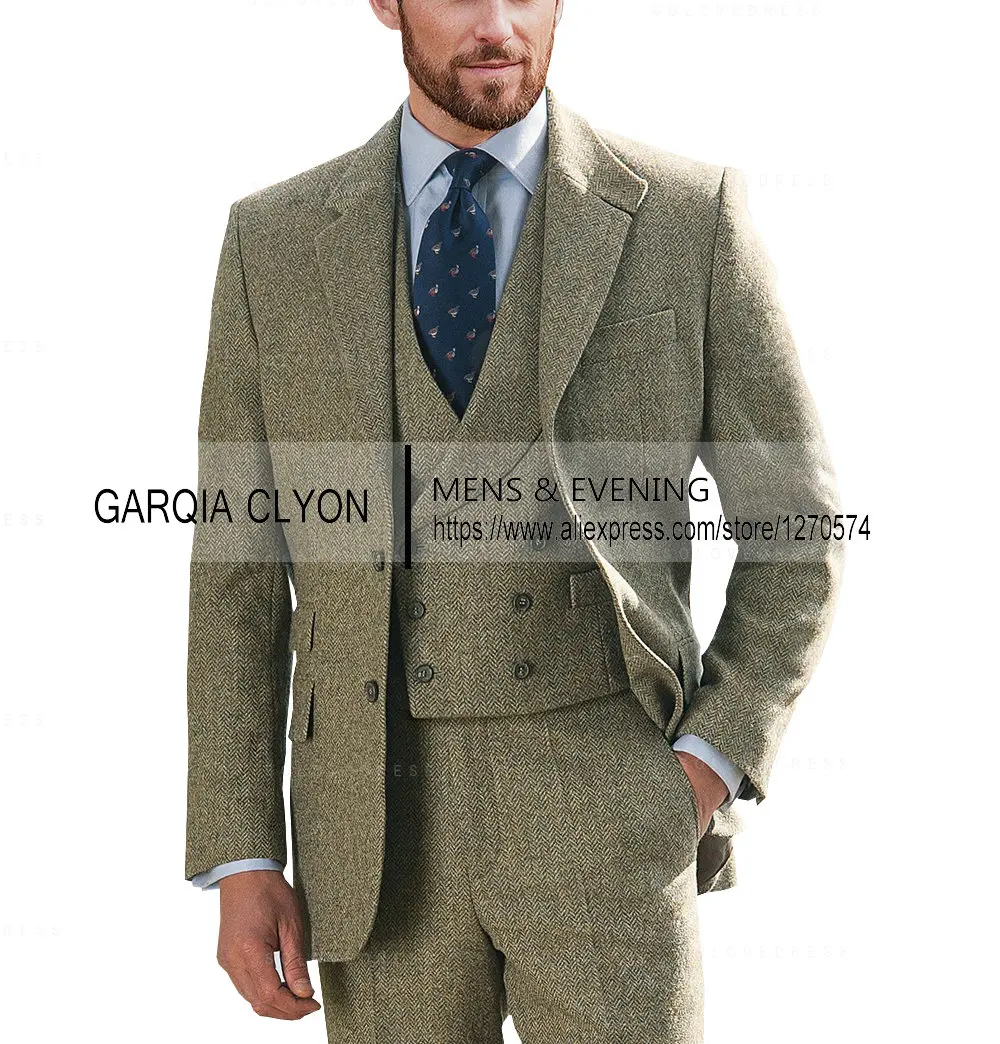 2024 Tweed Men Suits 3 Pieces Formal Business Suit Set Custom Gentle-Mens Groom Wedding Dress Blazer Suits(Jacket+Pants+Vest)