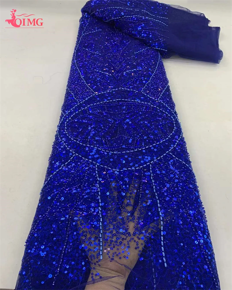 

OIMG High Quality Embroidery French Lace Fabric Luxury African Sequins Beaded Tulle Lace Fabric for Evening Dresses Sewing