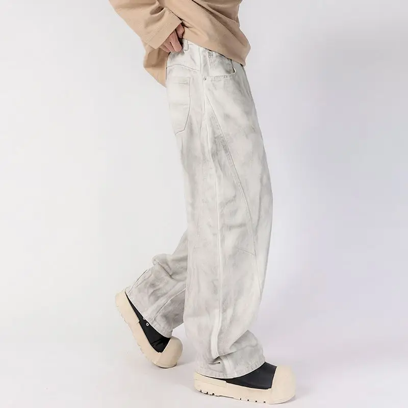 Hand Painted White Baggy Jeans Men Loosen Fit Straight Leg Wide Pants Male's Street Clothing New 4