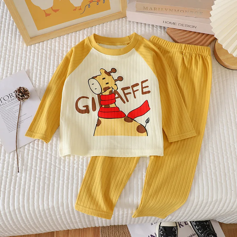 

New Baby Boys Girls Warm Pajamas Kids Cute Cartoon Animal O-Neck T-Shirt Tops with Pants Pyjamas Children's Autumn Clothing Sets