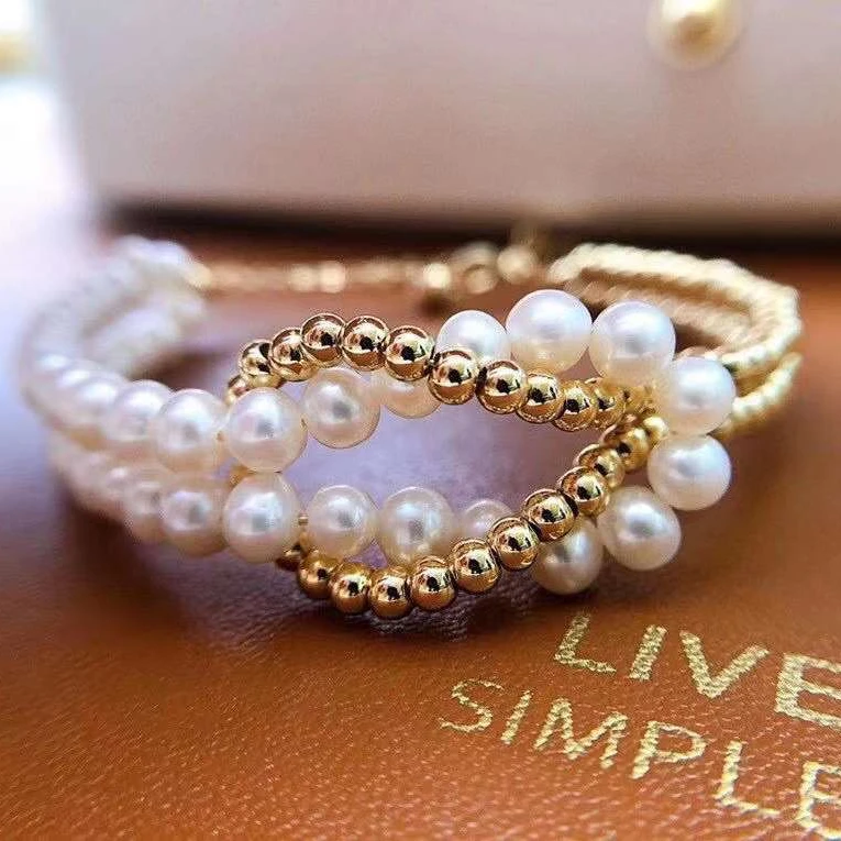 

Exclusive new product 18K gold plated interlocking double layer bracelet 4-5MM freshwater pearl pearl bracelet