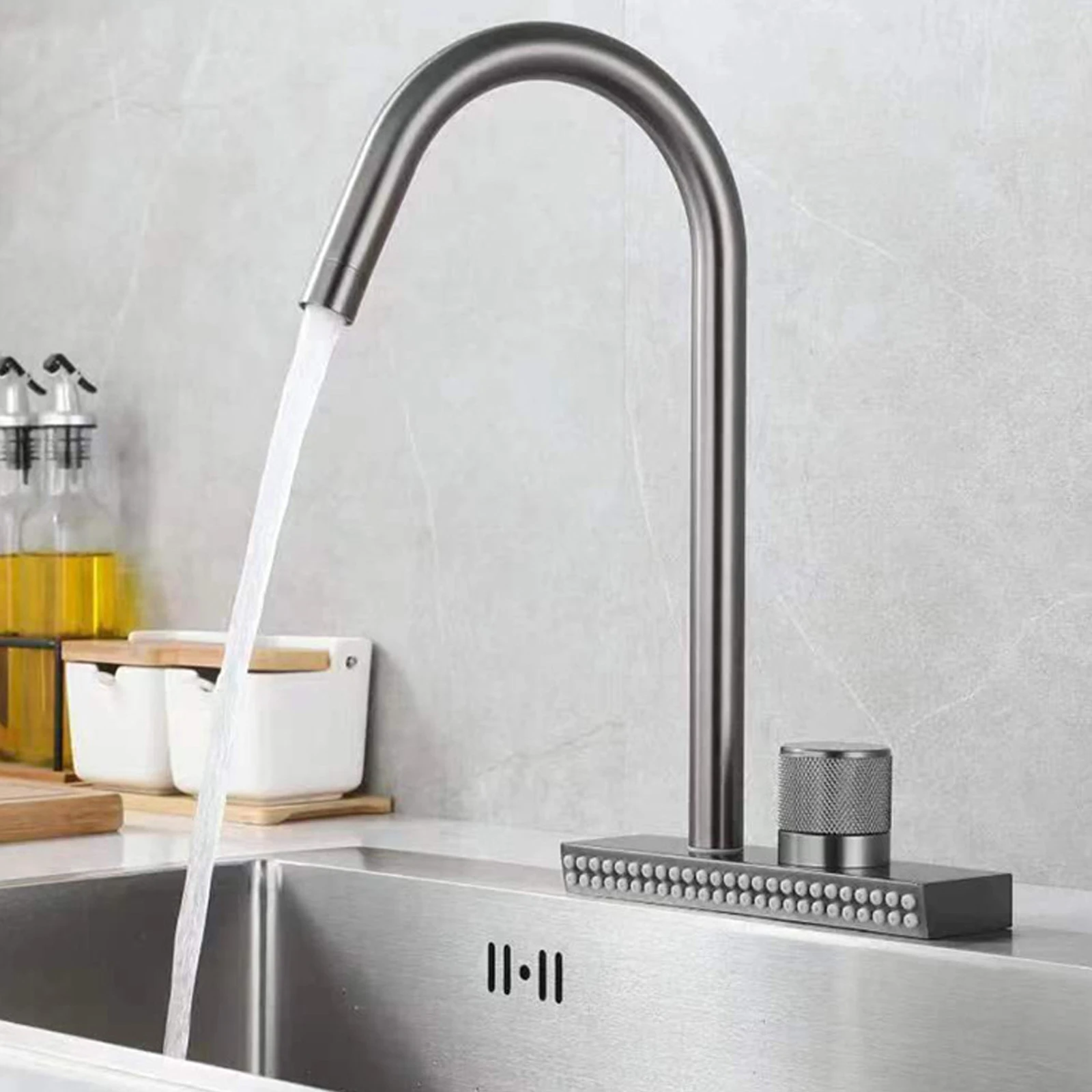 

Big Waterfall Grey Kitchen Faucet Cold Hot Brass Single Hole Tap With Temperature Scale 2 Ways Water Outlet Can Rotate