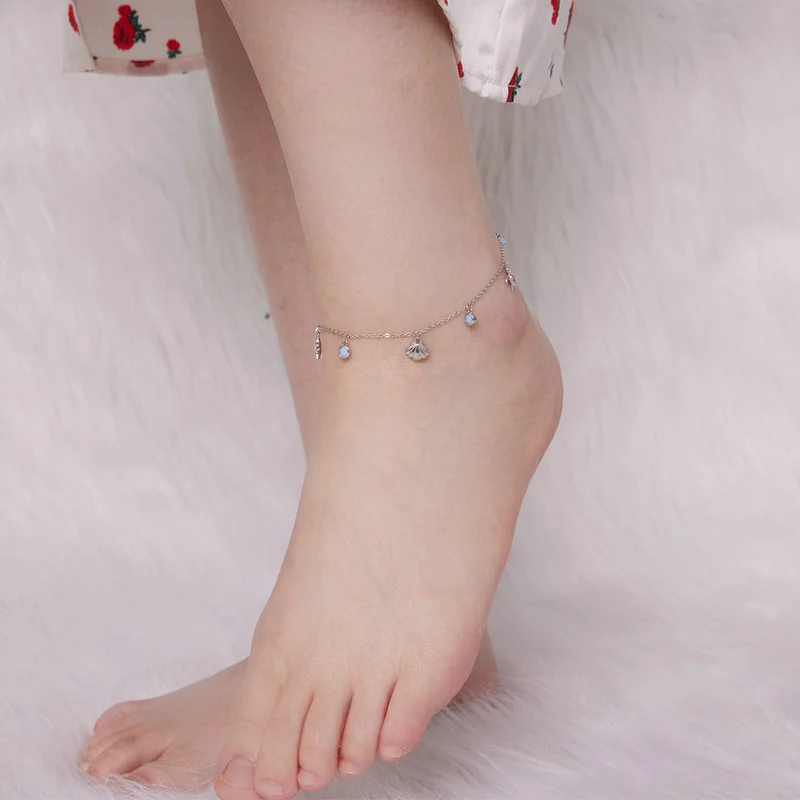 Bamoer 925 Sterling Silver Seastar and Shell Pendant Anklet Simple Chain Foot Jewelry for Women Platinum Plated Summer Jewelry