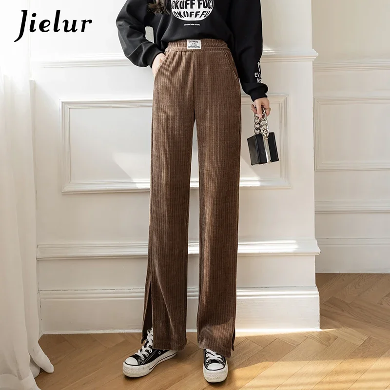 

Jielur New Autumn Winter Women Pants Coffee Elastic Waist Split Straight Pants Female Apricot Pocket Elegant Corduroy Pants S-XL