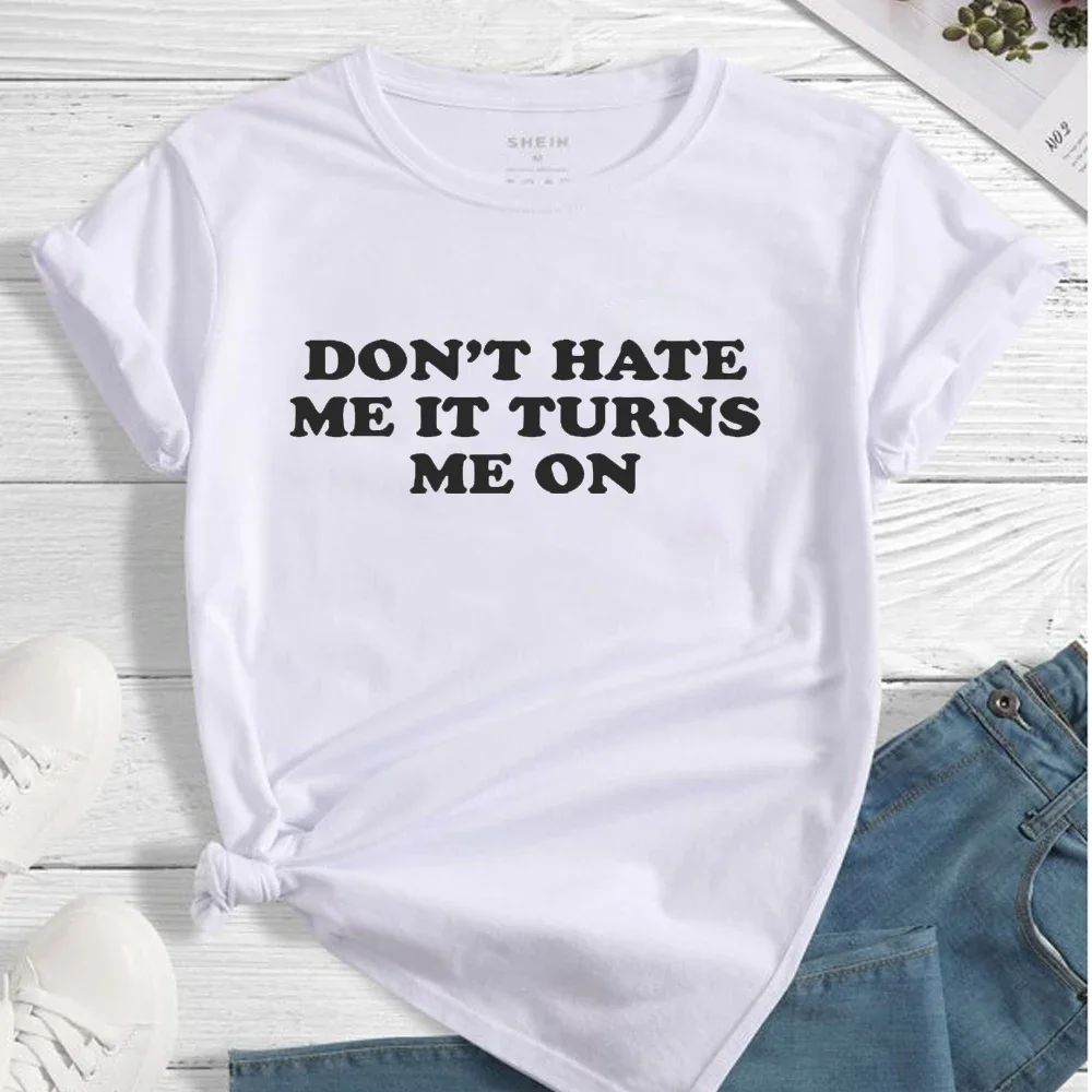 

Футболка Y2K женская с надписью Don't Hate Me It Turn Me on, модный винтажный Топ в стиле Харадзюку с коротким рукавом и круглым вырезом, на лето