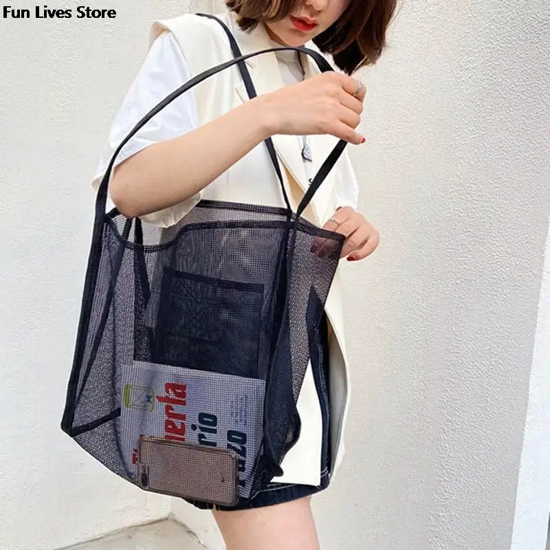 Women Tote Bags Transparent Mesh Handbag Summer Beach Totes Fashion Lightweight Shopping Bag Holiday Outdoor Storage Shoulder Purse Pouch