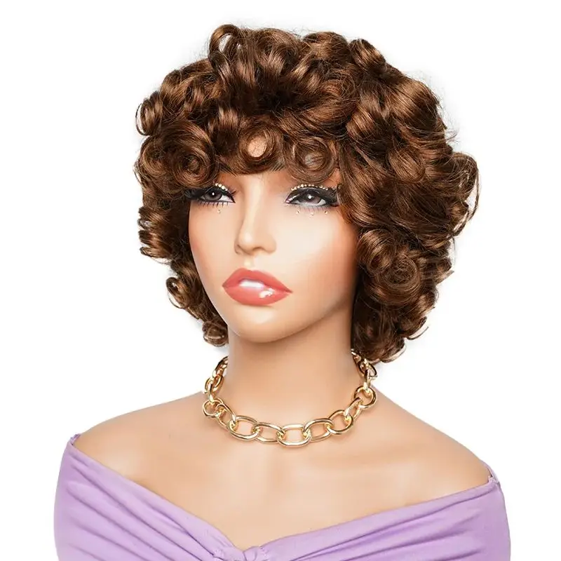 Brown Full Bouncy Curl Glueless Human Hair Wigs with Bang for Women Full Wig Bobbi