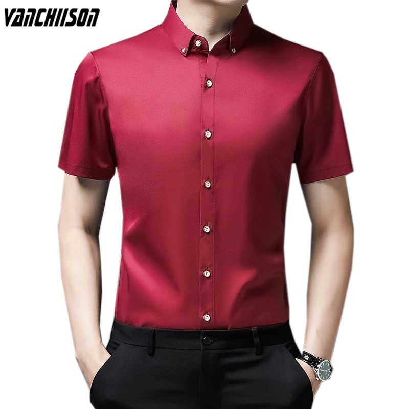 

Men Dress Short Sleeve Shirt Tops for Summer Turndown Collar Solid Office Work Male Fashion Clothing 00864
