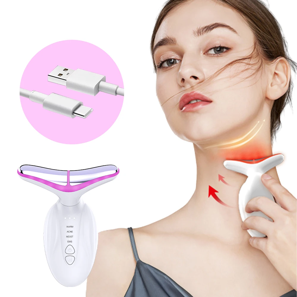 EMS Neck Face Beauty Device with 7-color LED Light, Wrinkle Removal, Lifting, Tightening, Neck and Facial Beauty Massage Device