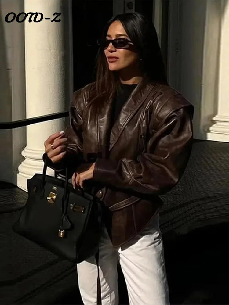 Faux Leather Brown Women Jackets 2024 Belt Lace Up Lapel Female Coat Vintage Casual Autumn One Button Long Sleeve Lady Outwear 3