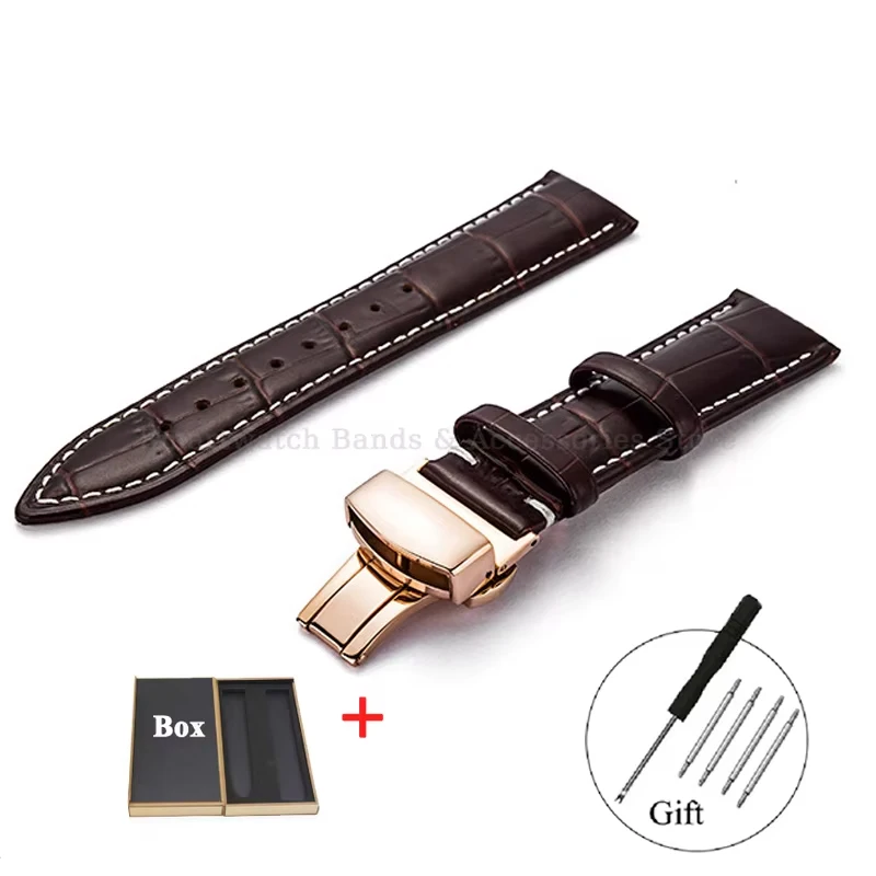 Luxurious Leather Watch Strap with Universal Metal Butterfly Clasp - Multiple Size Options Available