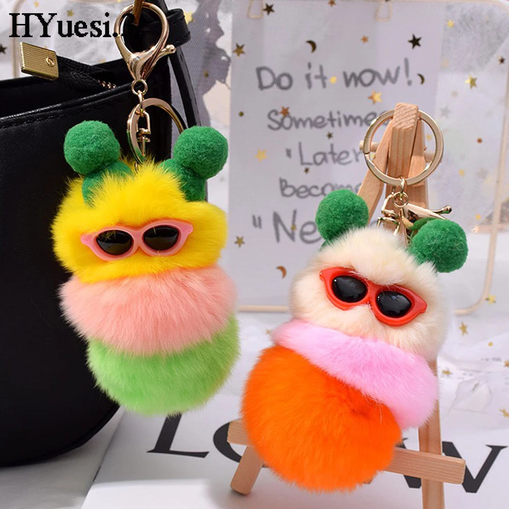 Cute Colorful Plush Caterpillars Keychain With Sunglasses Soft Rabbit Fur Animal Pompom Pendant With Key Rings For Women Handbag