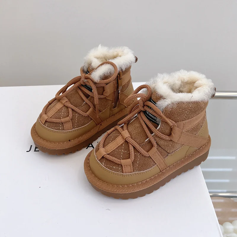 Children's Genuine Leather Warm Plush Snow Boots - Non-slip Winter Footwear