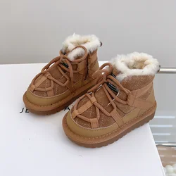 Children's Genuine Leather Warm Plush Snow Boots - Non-slip Winter Footwear - 24(insole 15 cm) (Camel)