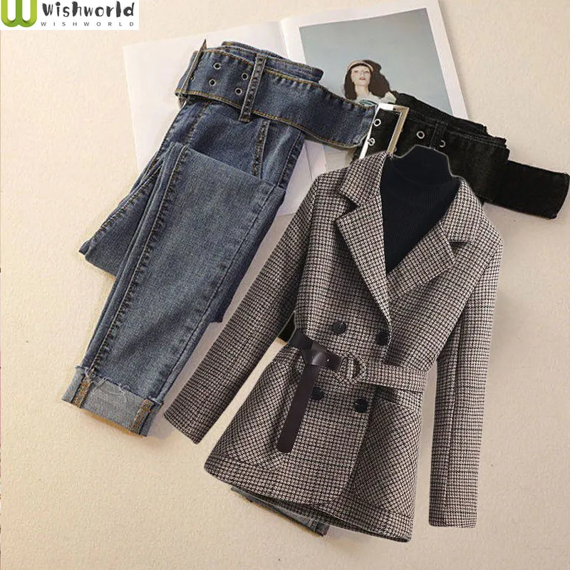 Autumn and Winter 2022 New Korean Fashion Plaid Coffee Coat Women's High Waist Slim Fit Jeans Elegant Two Piece Set велошлем alpina 2022 rootage coffee grey matt a9718 32