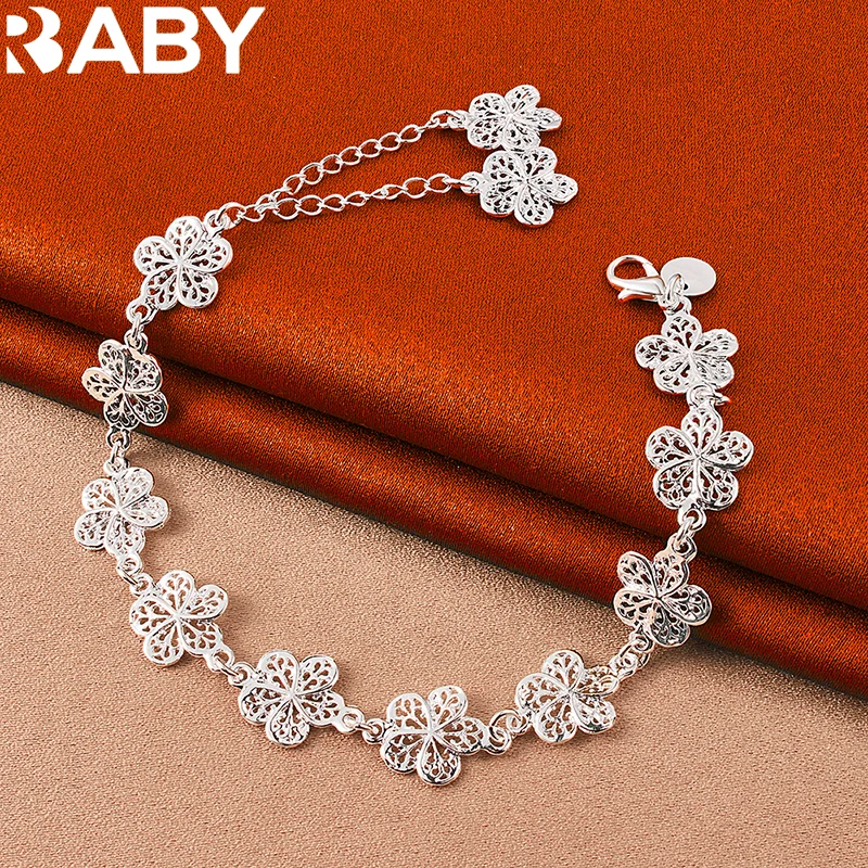 

URBABY 925 Sterling Silver Full Flower Bracelet Chain For Woman Fashion Wedding Engagement Party Charms Jewelry Birthday Gift