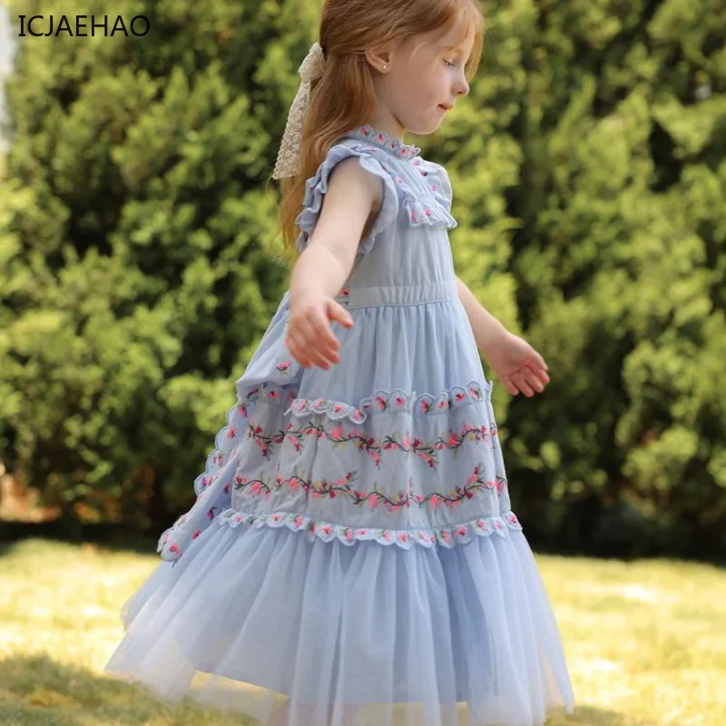 Vintage Baby Girl Dresses Sleeveless O-Neck Palace Princess Floral Embroidery Matching Newborn Vestidos for Eid Summer