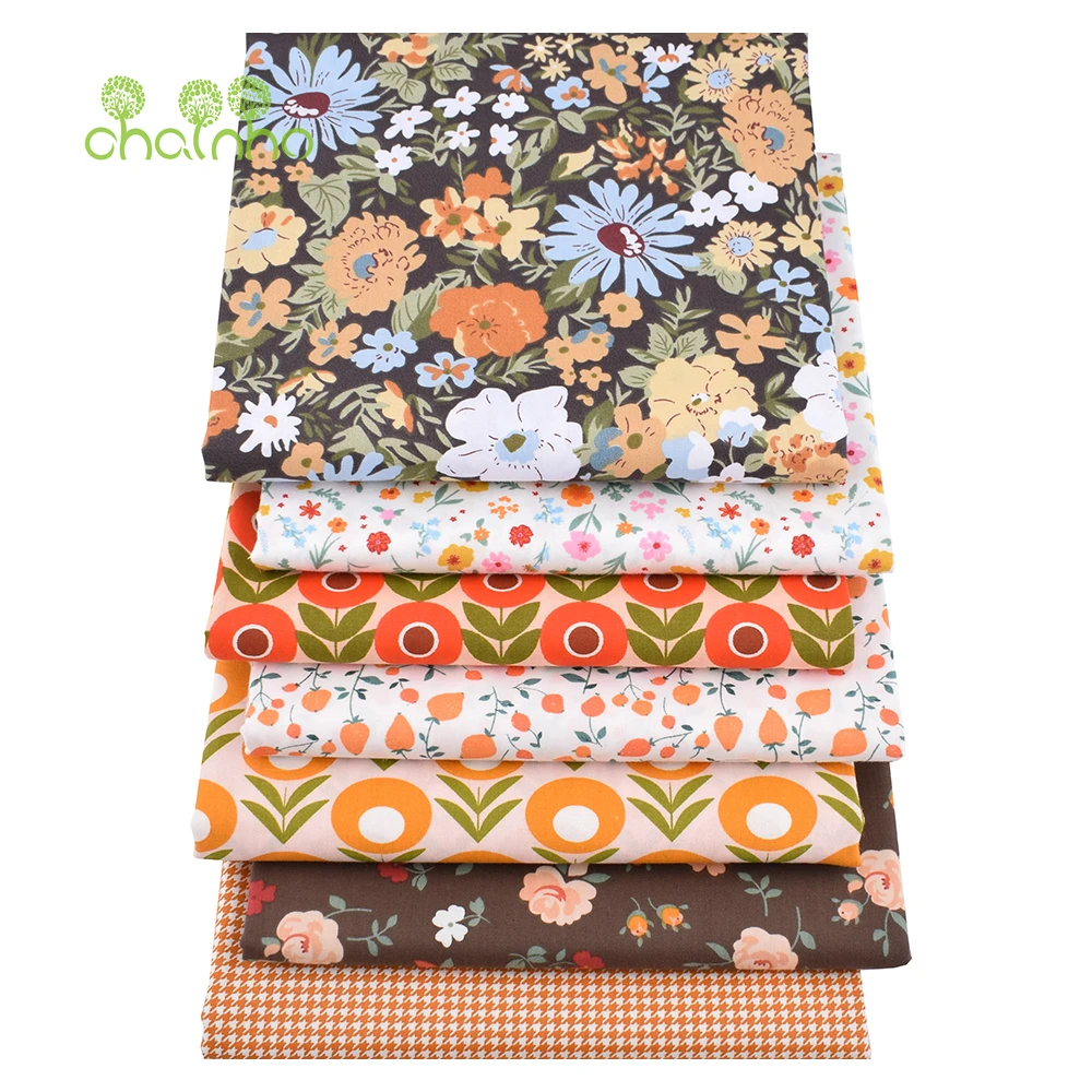 Chainho,Orange Floral Printed Twill Cotton Fabric,Patchwork Clothes,DIY Sewing Quilting Home Textiles Material For Baby&Children